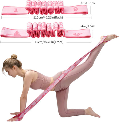 9 Loops Elastic Yoga Stretching Strap Pattern Guide, Resistance Stretch Band for Flexibility, Pilates, Dance, Gymnastics, Ballet, Physical Therapy, Leg & Body Stretching
