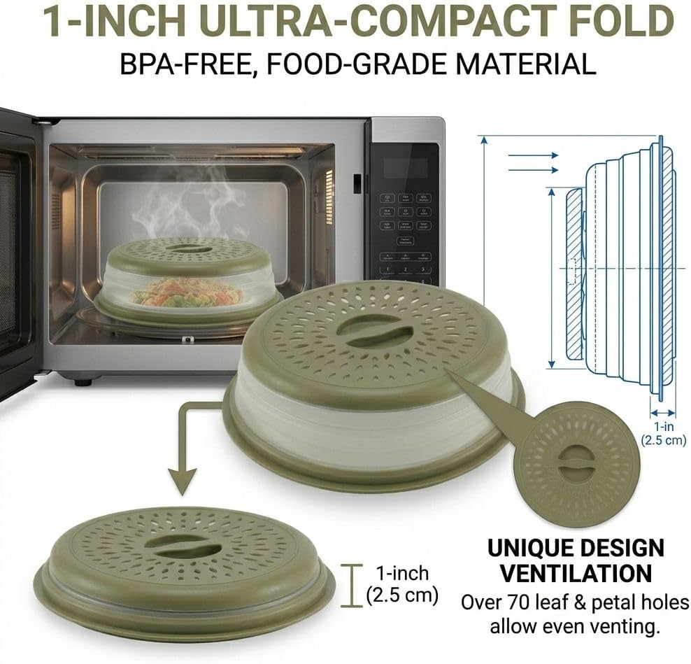 Microwave Splatter Cover for Food – Collapsible, Heat Resistant Vented Lid with Easy-Grip Handle, PP+TPR Plastic, Dishwasher Safe Kitchen Gadget, Green