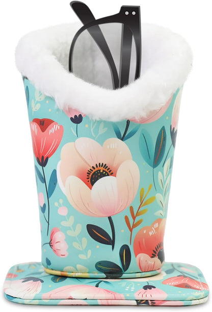 Plush Lined Eyeglasses Holder, Cute Magnetic PU Leather Glasses Stand Case for Women Men Kids