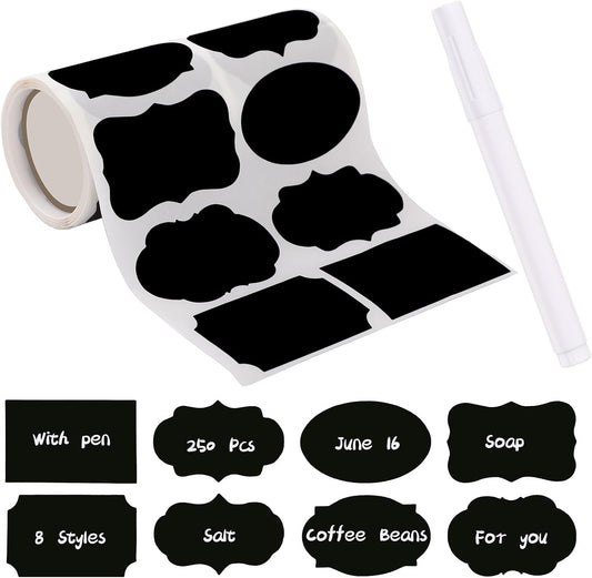 250 PCS Chalkboard Labels, 8 Styles Waterproof Blackboard Stickers Roll with Pen Erasable Reusable Waterproof Self-Adhesive for Mason Jars Food Storage Home Office Kitchen Organizing Craft