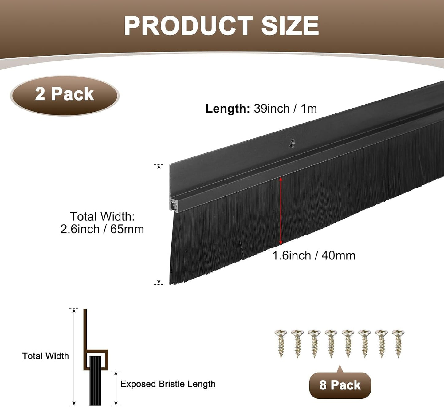 M METERXITY 2Pack Door Sweep - 39" Door Bottom Brush Heavy Duty Seal Draft Stopper Aluminum Base with 20mm Brush, Adhesive/Screw Installation for Interior/Exterior/Garage/Sliding Doors, Black