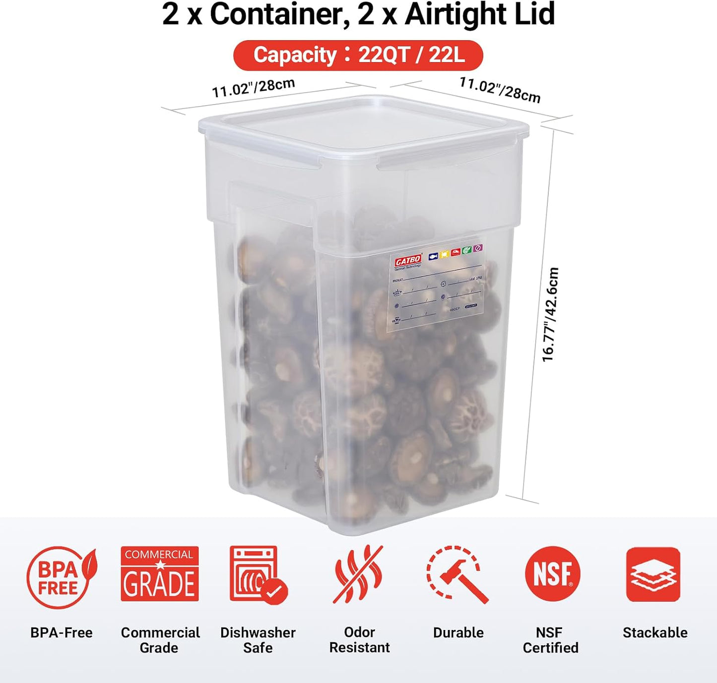 2 Pack 18 QT BPA-Free Translucent Polypropylene Airtight Food Storage Containers, Labeling Area, Stackable Bulk Storage for Flour, Rice, Sugar & Pet Food