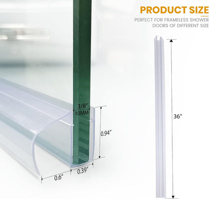 Bathroom Shower Glass Door Bottom Seal Strip, 2PCS 36 Inch Long Clear PVC Seal Strips for 5/16"(8mm) - 3/8"(10mm) Thick Framless Glass Door Panel