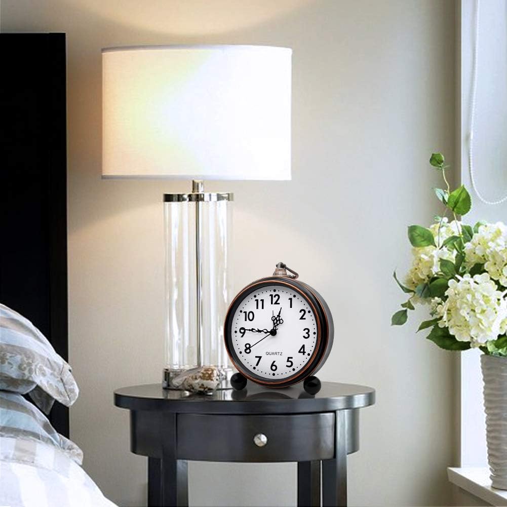 Retro Metal Table Clock Battery Operated Non-Ticking Silent Quartz Table Small Alarm Clock Desk Shelf HD Glass Clock for Kids Room (Arabic-550-12)