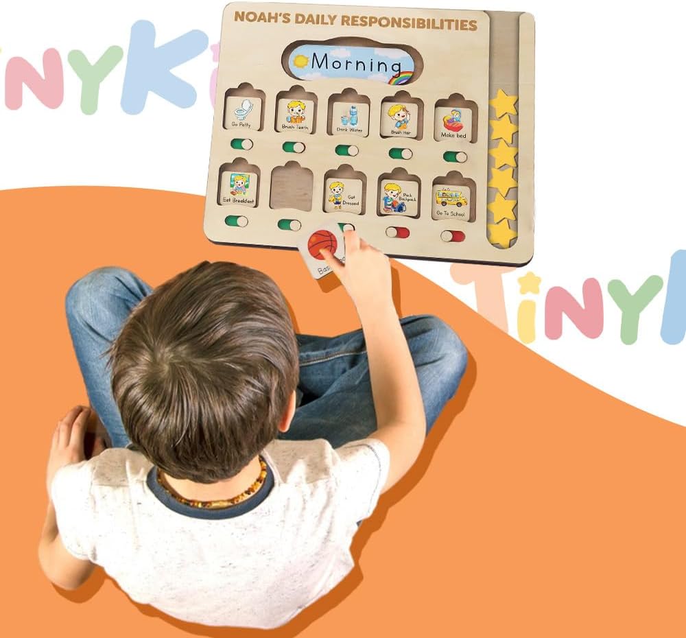 Daily Routine Chart for Kids, Visual Schedule, Routine Chart for Toddlers 3-5, Morning Bedtime Routine Chart for Toddlers, Wooden Chore Chart for Kids