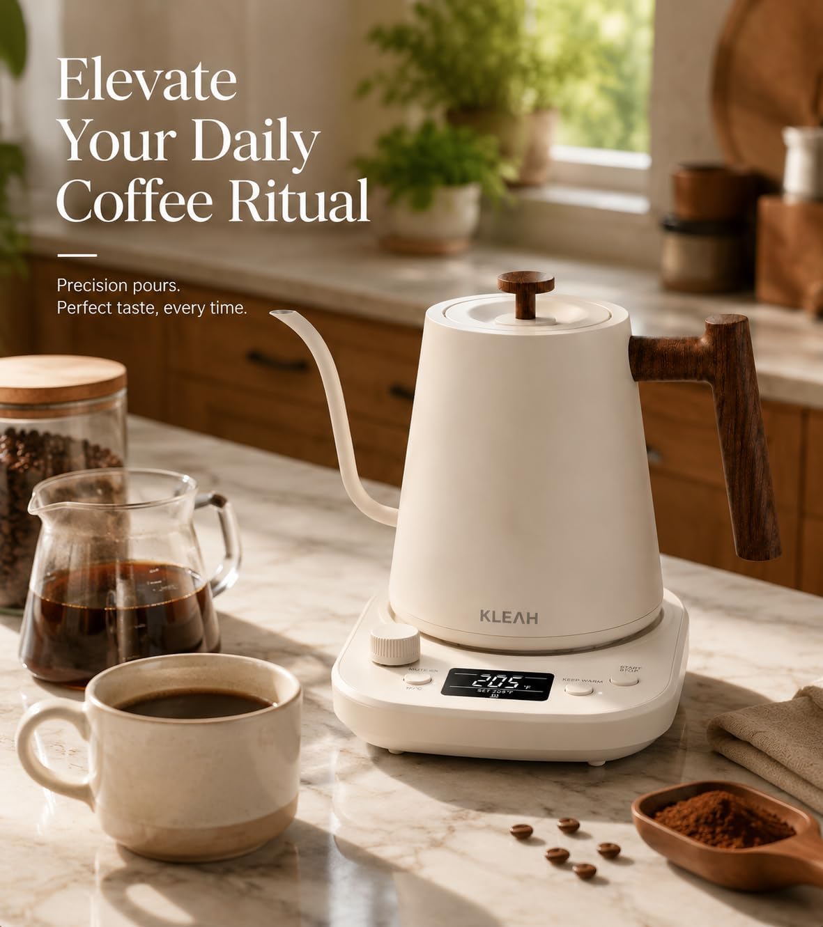 KLEAH Gooseneck Electric Kettle with Temperature Control - 0.8L Automatic Shut Off Tea & Coffee Kettle, Hot Water Boiler Pour Over Coffee Kettle, 1200W Quick Heating Keep Warm, Bone White