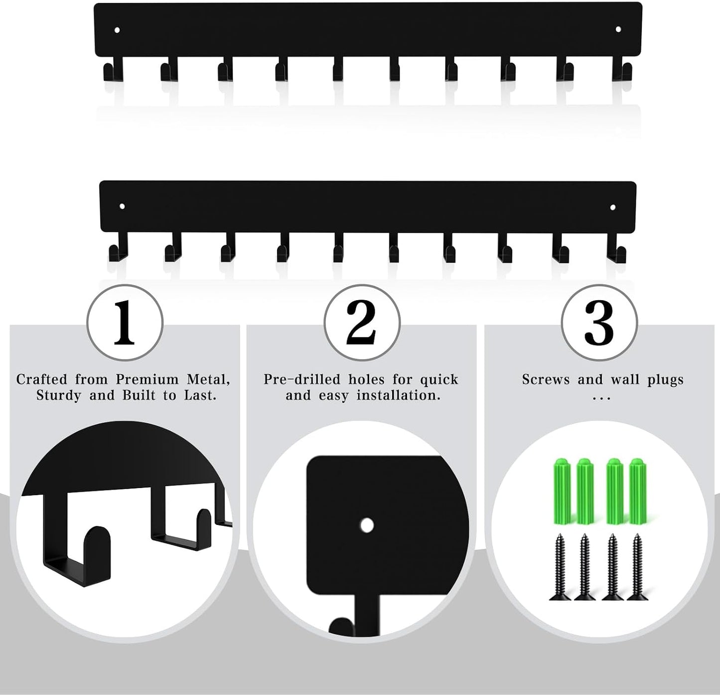14inch Wall Key Holder with 10 Hooks(2 Sets), Metal Key Rack Wall Mount for Keys, Bags and Leashes, Key Hanger for Decorative Organizer Apartment，Entryway,livingroom,Black