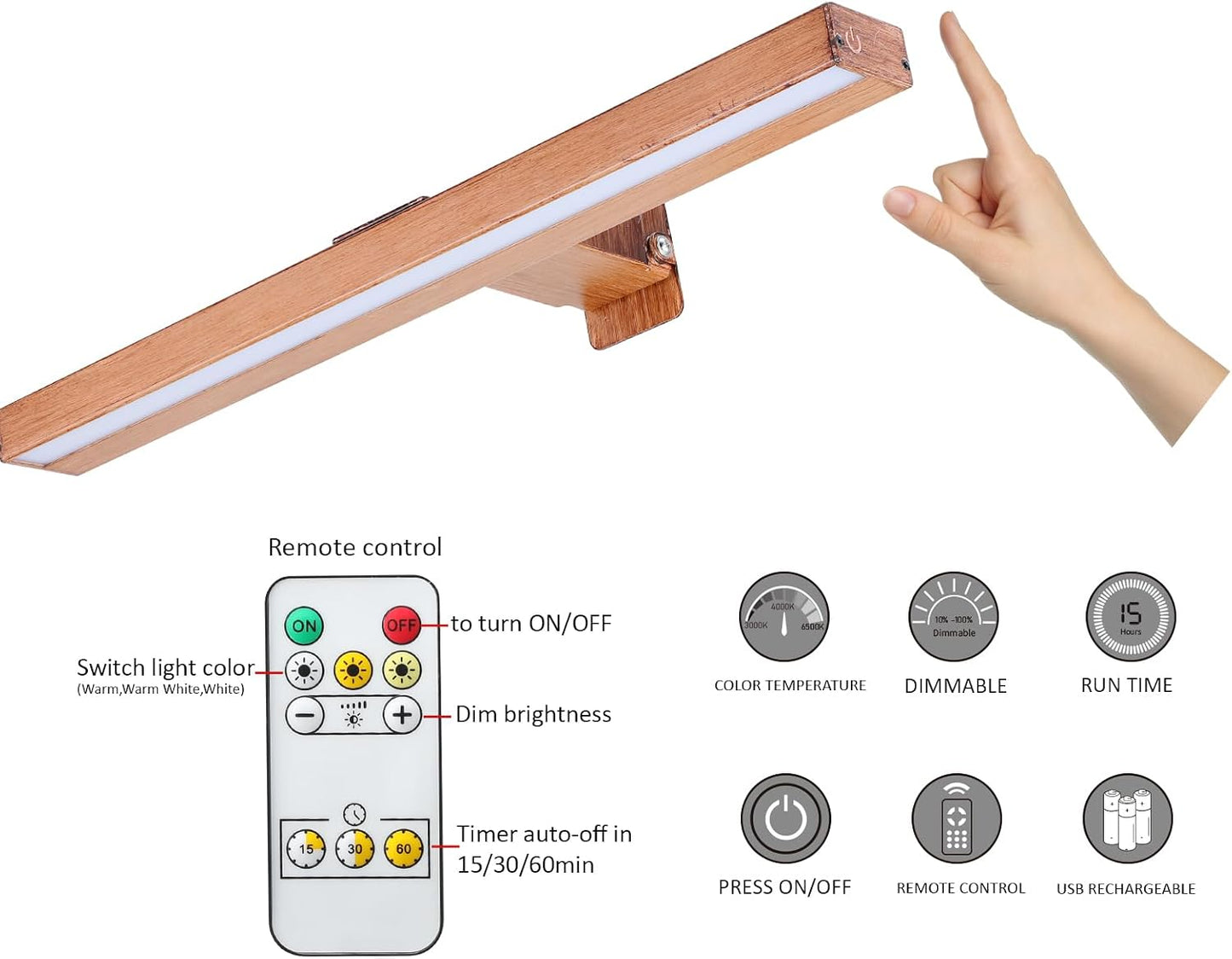 MIOBLUE Rechargeable Picture Lights with Remote,Full Metal Painting Light Display LED Battery Lamp with 3 Lighting Modes, Dimmable Dartboard Light with Timer for Frame Portrait Art