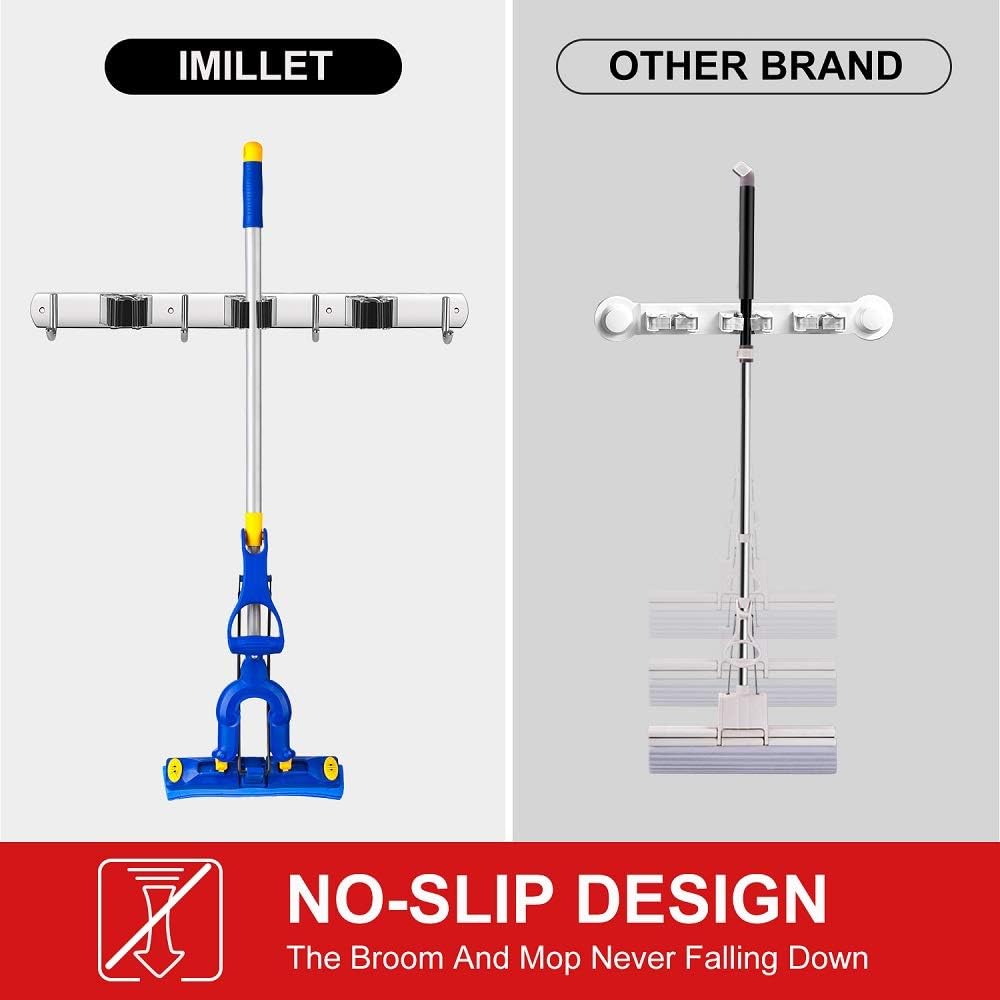 IMILLET 2 Pack Broom Holder Wall Mount Stainless Steel Mop Organizer | 5 Racks 4 Hooks Heavy Duty Garage Organization Storage,Broom and Mop Organizer Wall Hanging Self Adhesive for Laundry Room