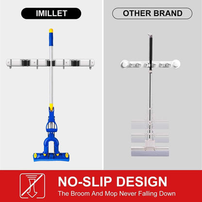 IMILLET 2 Pack Broom Holder Wall Mount Stainless Steel Mop Organizer | 5 Racks 4 Hooks Heavy Duty Garage Organization Storage,Broom and Mop Organizer Wall Hanging Self Adhesive for Laundry Room