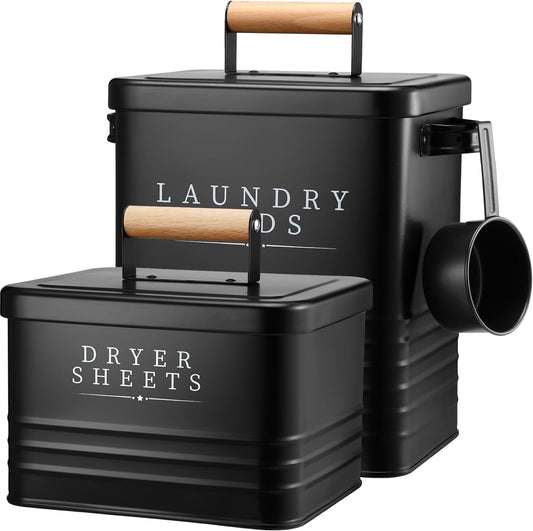 Yaocom 2 Pcs Laundry Pod Container with Dryer Sheet Holder Farmhouse Laundry Room Decor Organization and Storage Detergent Container Box with Lid Handle Metal Dryer Sheet Dispenser(Black)