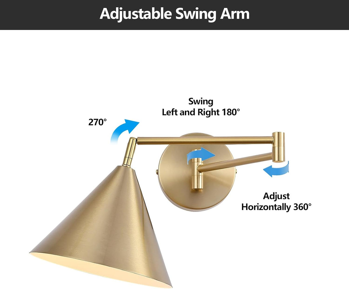 Rechargeable Swing Arm Wall Sconces Set of 2,Gold Battery Operated Wireless Dimmable 3 Color Wall Light with Remote,Cone Indoor Light Fixture for Bedside,Kitchen,Hallway,Living Room,Reading