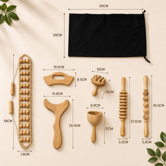 7-in-1ct, Wood Therapy Kit for Lymphatic Drainage, Maderoterapia Wooden Massager, Anti Cellulite Body Sculpting Roller, Body Contouring Tool for Waist, Legs & Back