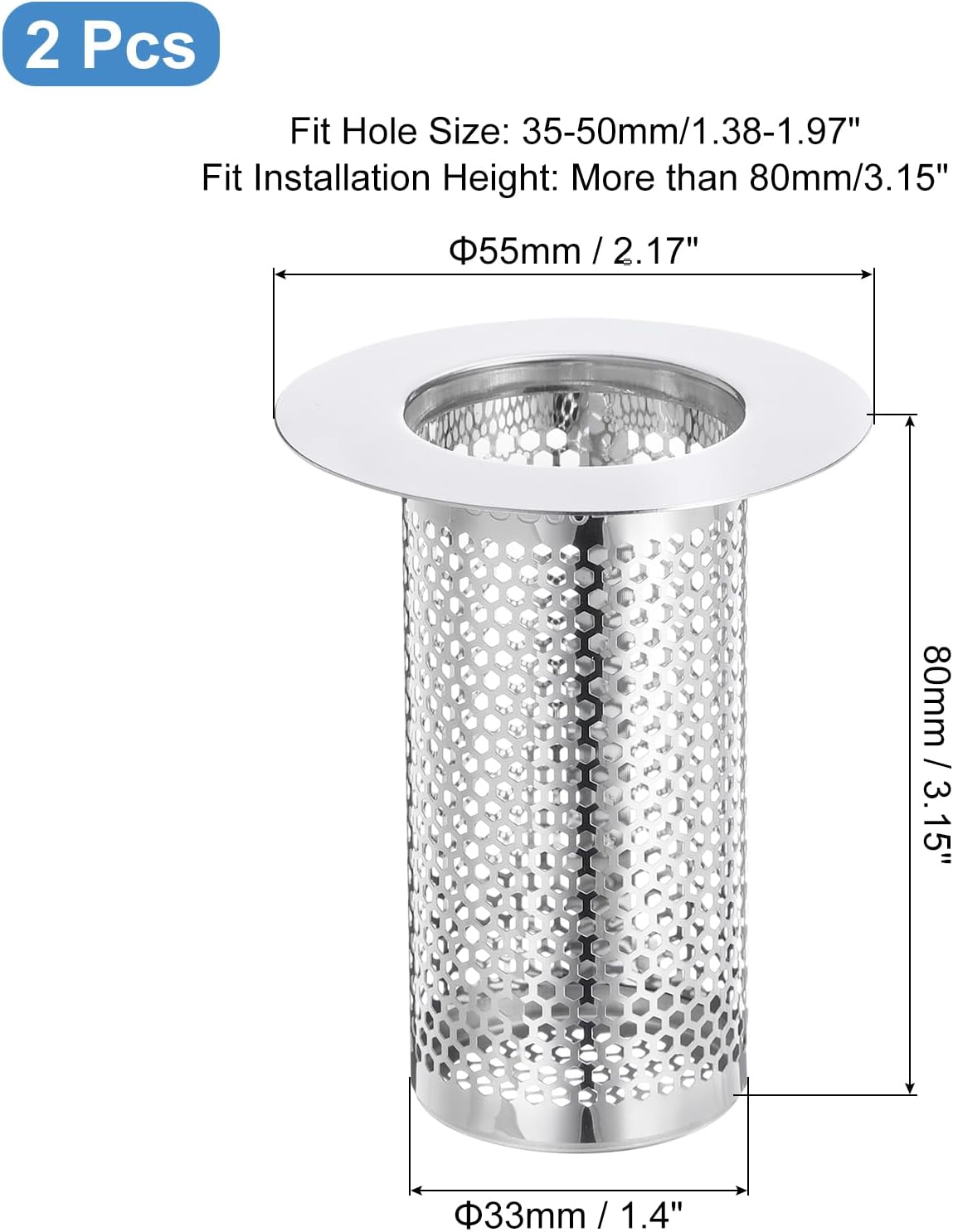 uxcell 2 Pack Shower Drain Strainer, 2" x 2.5" Stainless Steel Floor Drain Strainer Deep Sink Hair Catcher for Kitchen Bathroom Balcony Floor Drain, Fit Hole Size from 1.57" to 2.56"