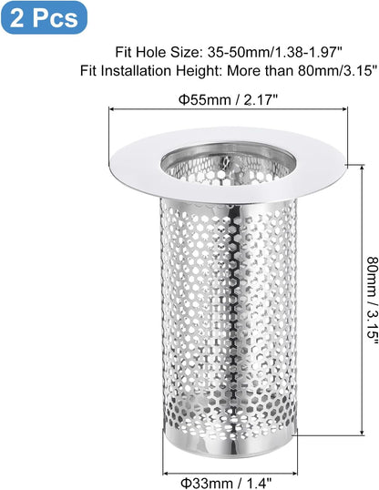 uxcell 2 Pack Shower Drain Strainer, 2" x 2.5" Stainless Steel Floor Drain Strainer Deep Sink Hair Catcher for Kitchen Bathroom Balcony Floor Drain, Fit Hole Size from 1.57" to 2.56"