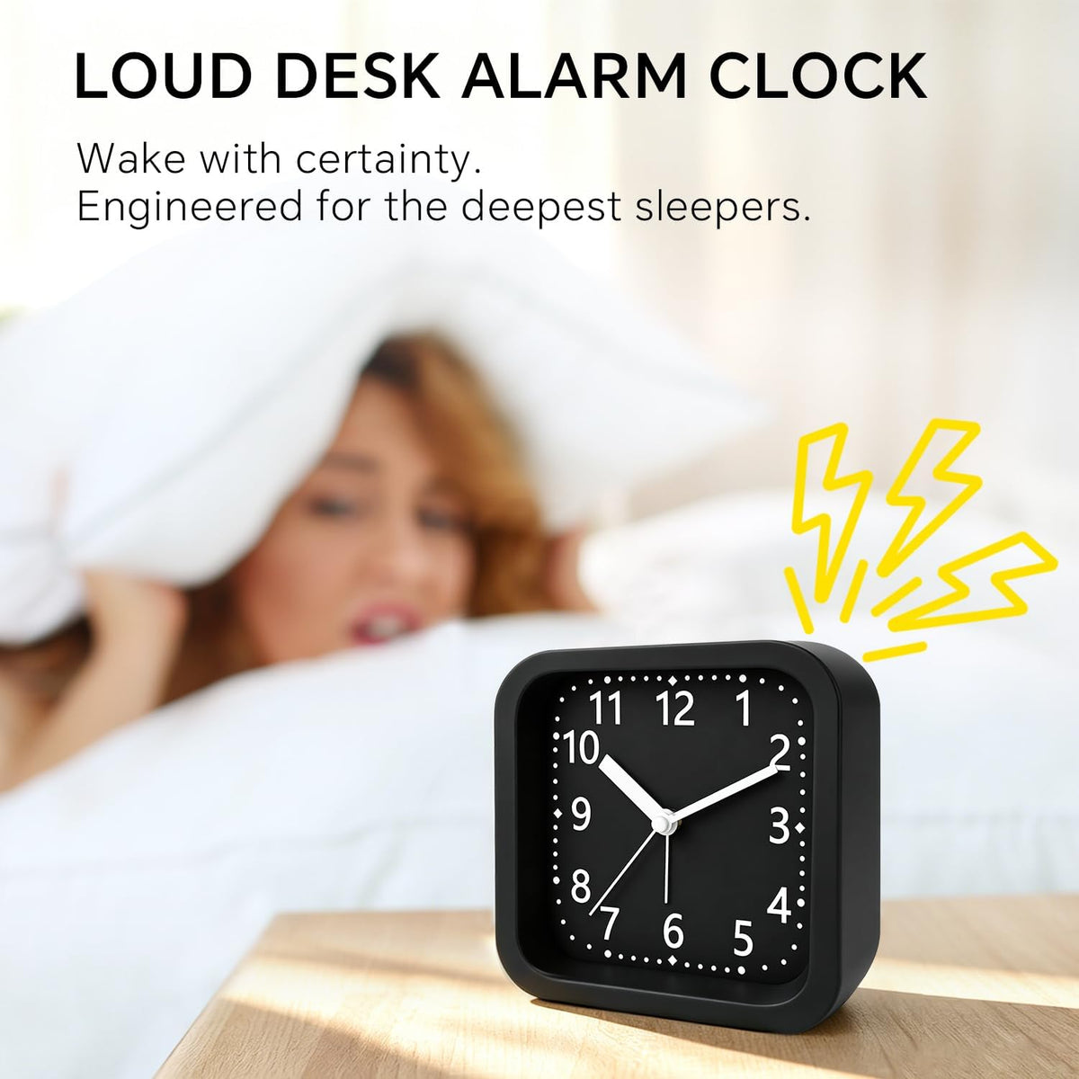 Loud Alarm Clock for Heavy Sleepers, 4.5" Simple Square Analog Alarm Clocks with Silent Movement Battery Operated Easy-to-Read Dial, Plastic Small Desk Clock for Bedroom Teens Seniors, Black