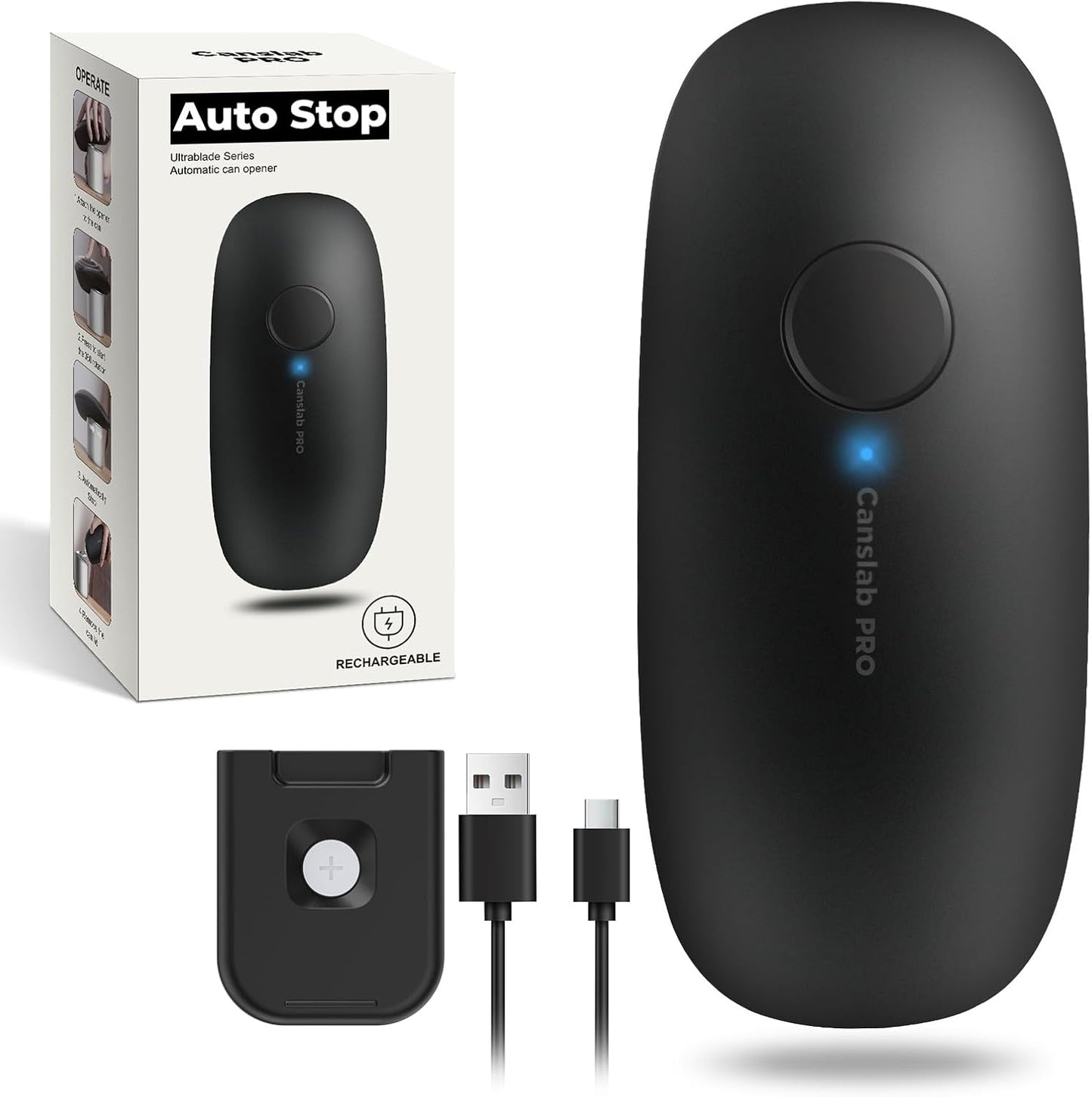 Canslab Ultrablade PRO Electric Can Opener,USB Rechargeable,Smart Auto Stop | Automatic Can Opener for Seniors with Arthritis, Handsfree Side Cut with Smooth Edge, Cordless, Wall Mountable, Black