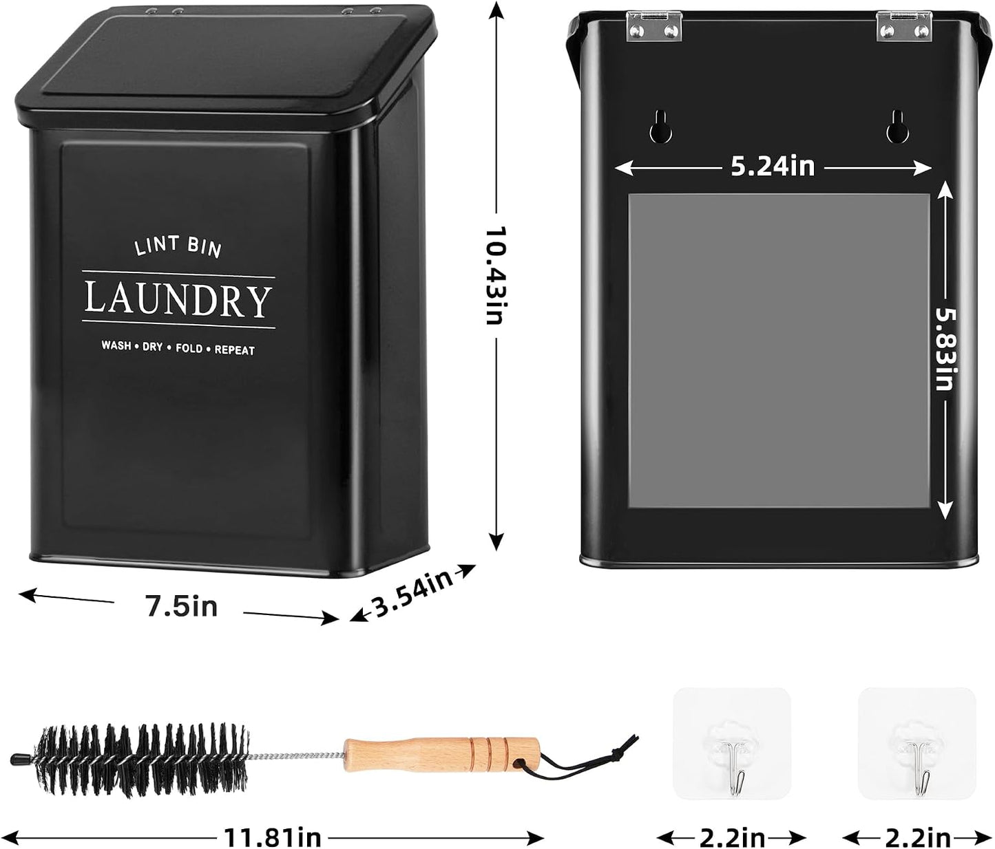 Magnetic Lint Bin for Laundry Room, Metal Lint Trash Can with Lid and Brush, Wall Mounted Lint Box for Dryer, Farmhouse Laundry Room Decor, Black