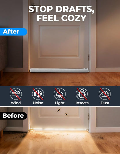 Premium Plush Under Door Draft Stopper Noise Blocker – Blocks Drafts, Dust, Noise & Light, 32-36 Inch Adjustable Door Sweep Gap Filler Bottom Door with Secure Hook & Loop Tabs