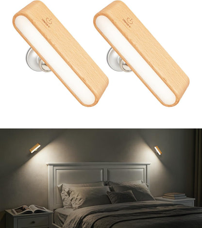 Rechargeable Wall Sconce, Reading Light for Bed, Magnetic Wood Lamp | Set of 2, Black Walnut, Touch Control, Adjustable Brightness, 4000K Nautral Light for Reading, Headboard Light, 360° Rotation