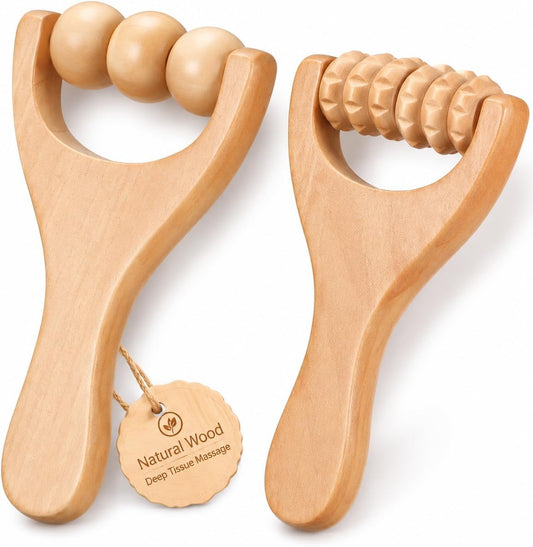 Ciieeo 2Pcs Wooden Massage Roller Muscle Relief/Gift, Wood Massage Tool, Wooden Roller Tools for Body Care and Relaxation, Manual Massage Roller Tool for Daily Home Use (3 Bead Gear Roller)