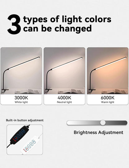 2 Pack LED Desk Lamp with Clamp,Eye-Friendly Clip on Lights for Home Office Study Reading,3 Modes 10 Brightness,Long Flexible Goose-Neck,Swing Arm Architect Task Table Lamps USB Usage
