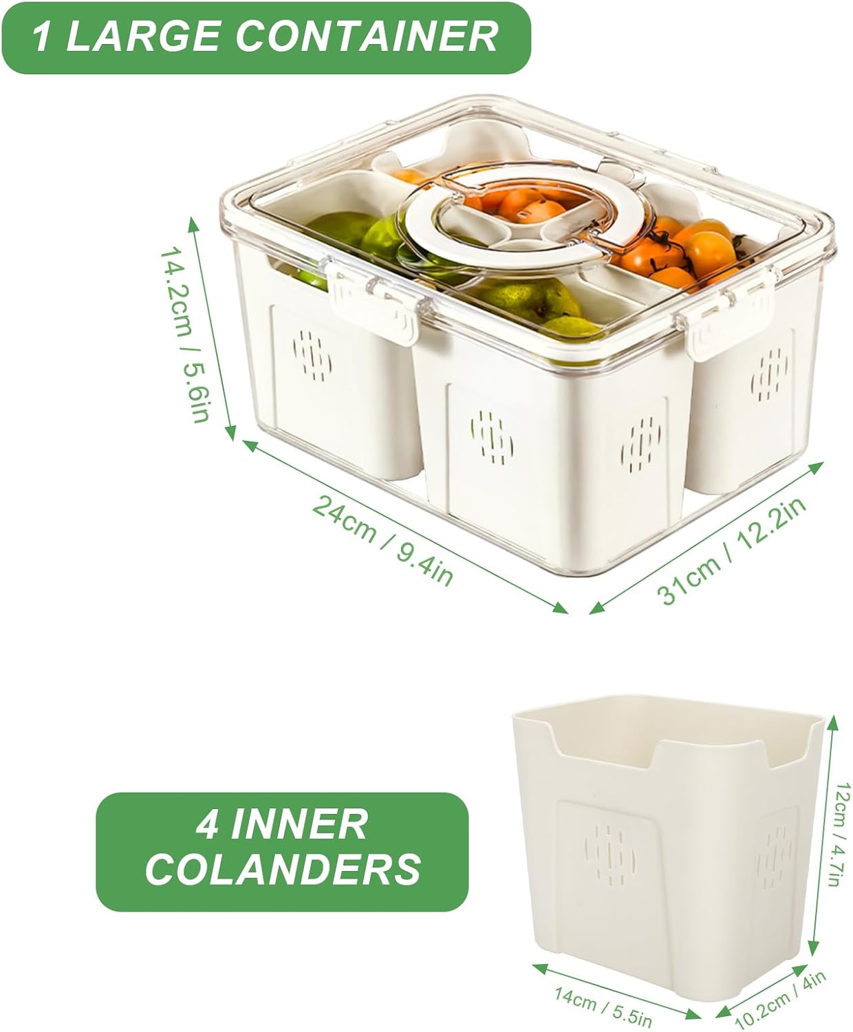 Fruit Storage Containers for Fridge with Lid and Handle, Veggie Tray Bins | Portable Fresh Produce Saver, Food Storage Container with 4 Removable Strainers,Salad Bar for Berry, Vegetable, Refrigerator