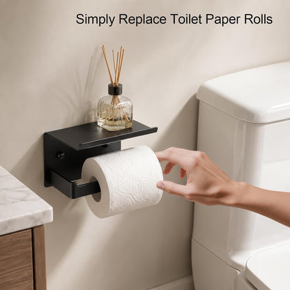 Matte Black Toilet Paper Holder with Shelf | No-Drill Adhesive Wall Mount, Rustproof，For Bathroom, Washroom, RV, Kitchen, Washroom, Convenient Storage Shelf