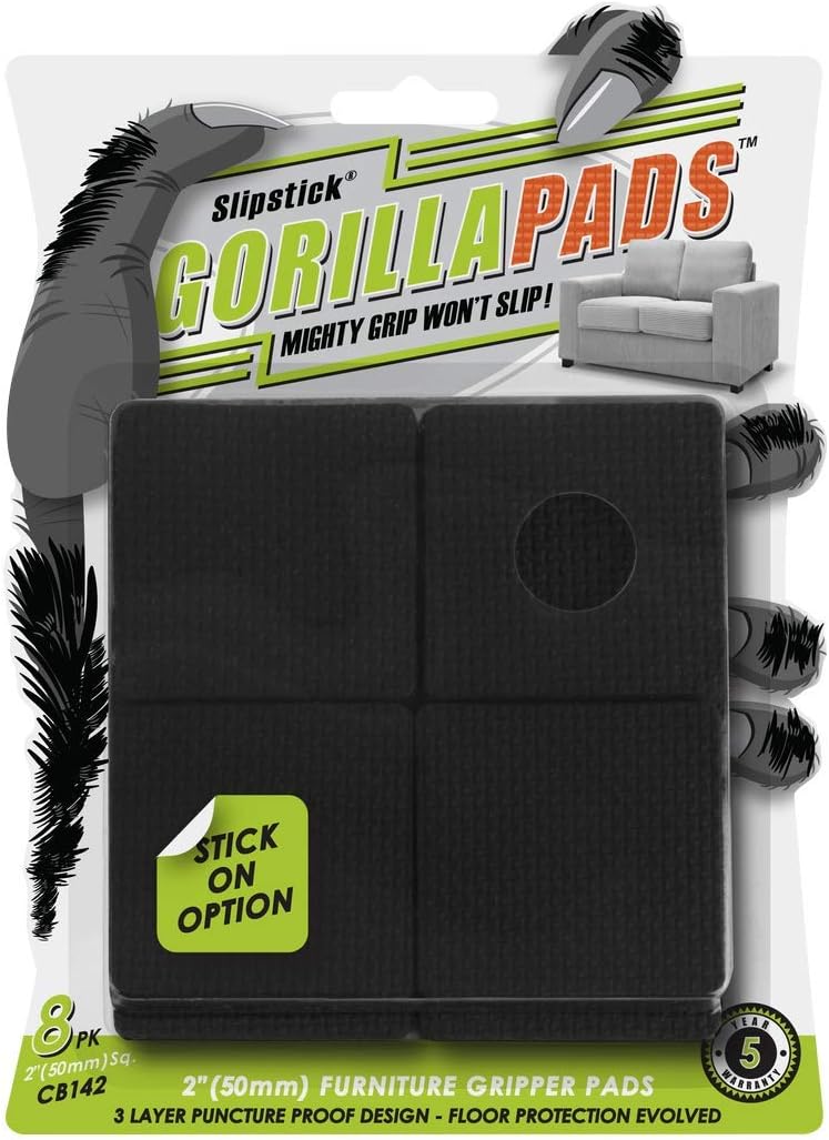 Slipstick GorillaPads CB144 Non Slip Furniture Pads/Grippers (Set of 8) Furniture Feet Floor Protectors, 2 Inch Round, Black
