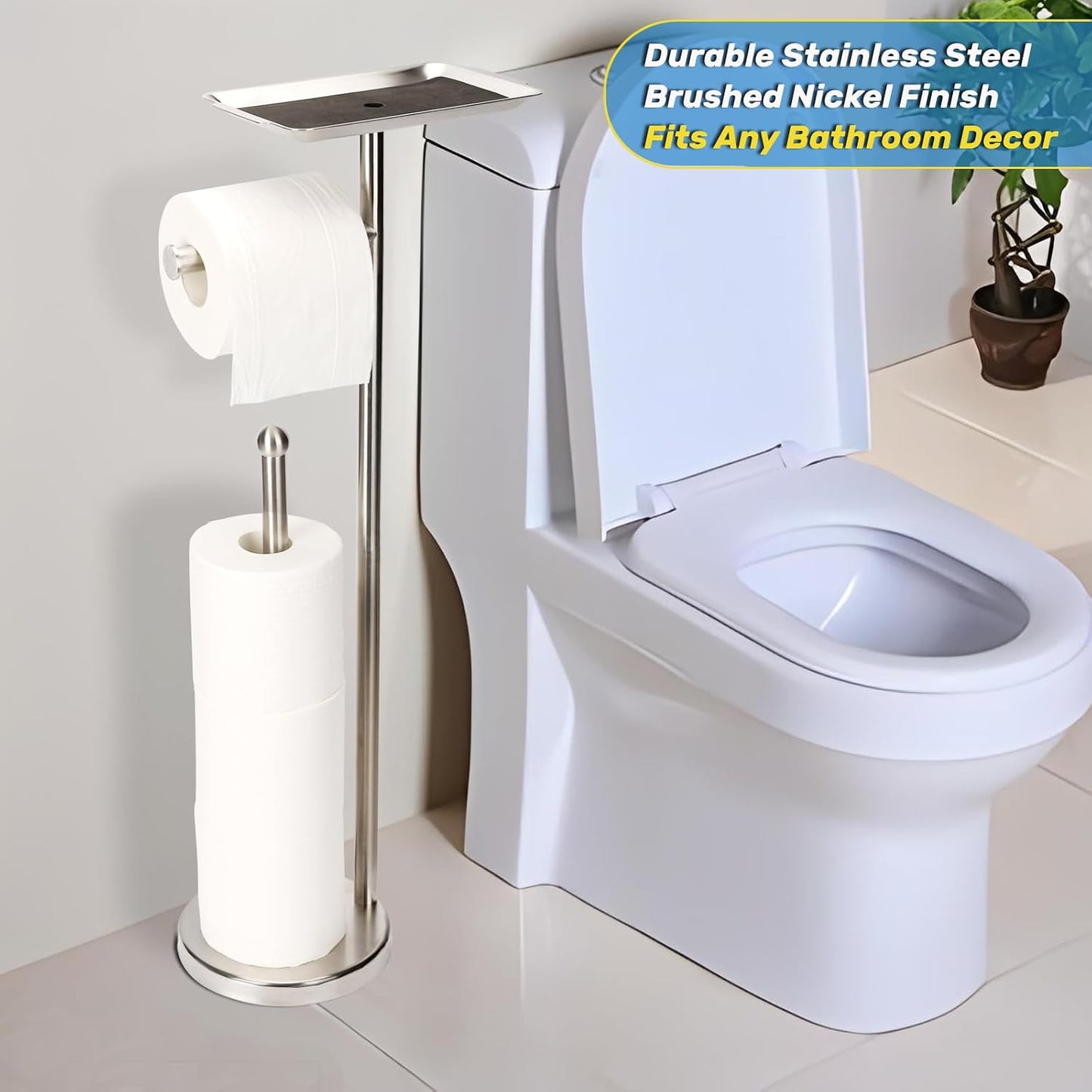 Exilon Toilet Paper Holder Stand for Bathroom Floor Freestanding Toilet Roll Dispenser Storages 4 Reserve Rolls, with Top Storage Shelf for Cell Phone (Brushed Nickel)