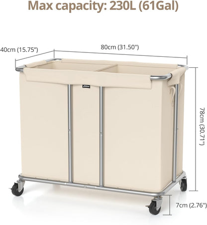 Hodonas Rolling Laundry Hamper 2-Section, Beige, 31.5"Lx15.75W"x30.7"H | 230L(61Gal) Storage Capacity, with Metal Structure, Removable Liner, and Silent Casters, Sturdy Clothes Hamper for Home
