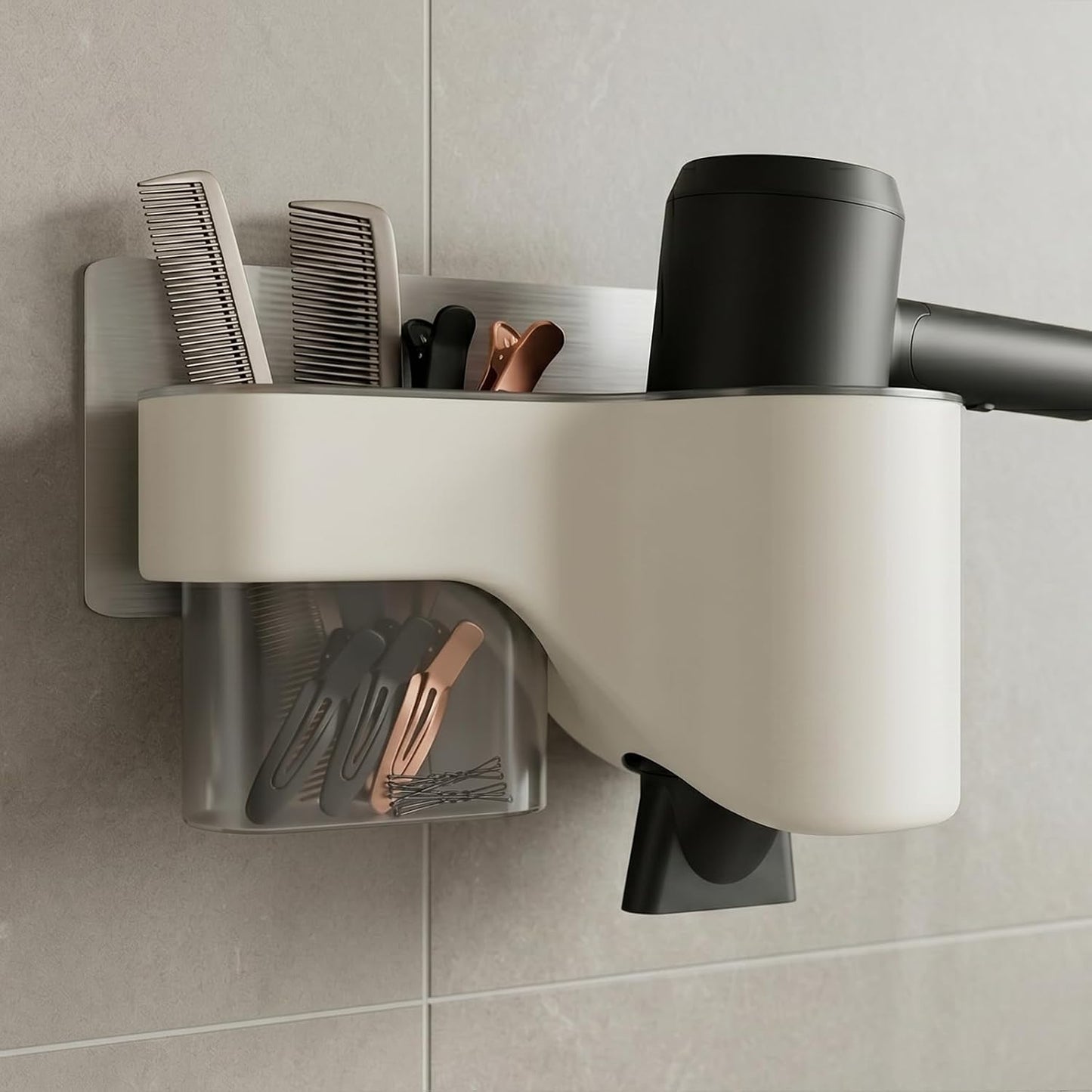 Hair Dryer Holder Wall Mounted, No Drill Hair Dryer Storage | Adhesive multi-compartment organizer: space-saving, durable, easy-clean. Perfect for tidy bathrooms and cabinet doors.