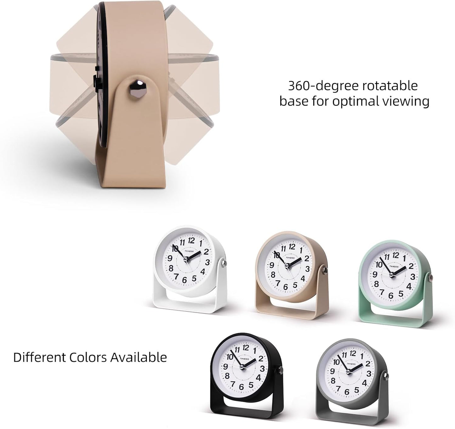 Analog Alarm Clock, Silent Non-Ticking Quartz Movement, Battery-Operated with Snooze & On-Demand Light, Easy to Set Gentle Wake Bedside Desk Clock, Ideal for Home, Travel, Office (Gray)