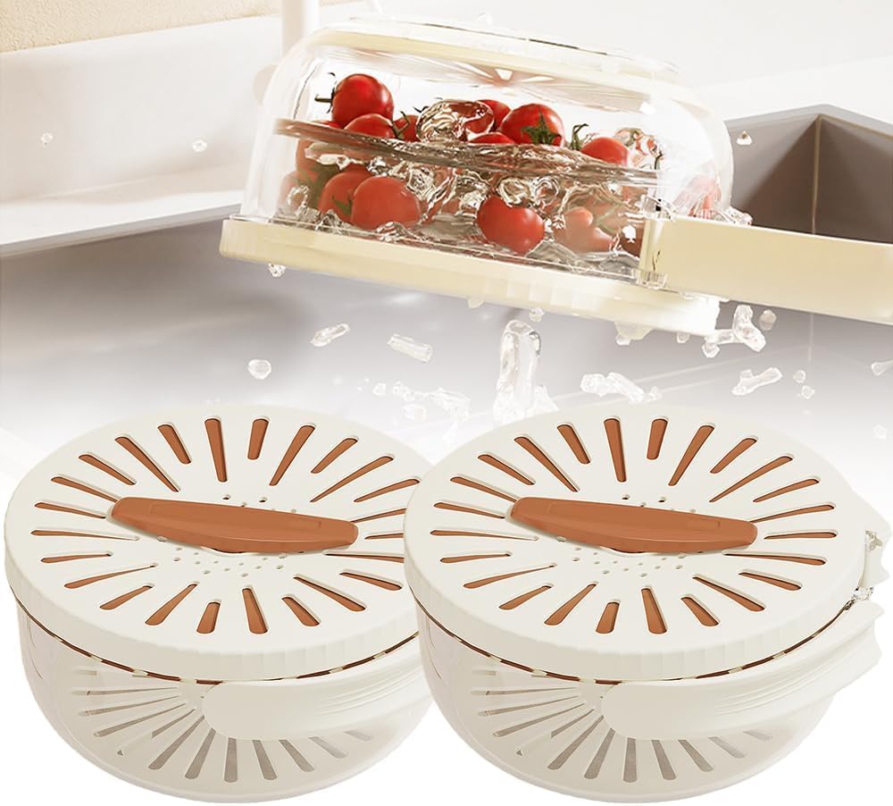 Fruit Washing Wowl with Strainer, 2026 New Multipurpose Drain Basket with Lid, 2 in 1 Fruit Drainer Container with Foldable Handle for Refrigerator Kitchen (White, 1PCS)