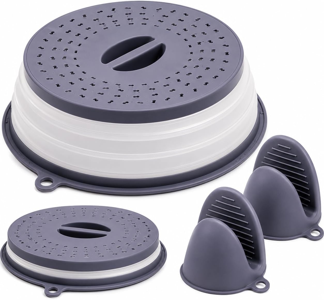 3-in-1 Collapsible Silicone Microwave Splatter Cover, BPA-Free Vented Microwave Cover for Food with 2 Mini Silicone Oven Mitts, Dishwasher Safe, Heat Resistant,Fits Plates Up to 10.5 Inches