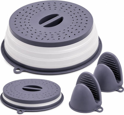3-in-1 Collapsible Silicone Microwave Splatter Cover, BPA-Free Vented Microwave Cover for Food with 2 Mini Silicone Oven Mitts, Dishwasher Safe, Heat Resistant,Fits Plates Up to 10.5 Inches