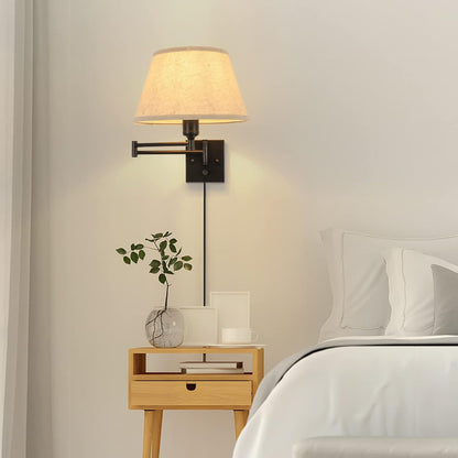 TRLIFE Wall Sconce Plug in, Dimmable Wall Sconces Set of Two Swing Arm Wall Lights with Plug in Cord and On/Off Dimmer Rotary Switch, 9.4" Medium Beige Fabric Shade(2 Pack, 2 Bulbs)