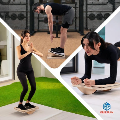 Slant Board for Exercise, 3-in-1 Wooden Calf Stretcher, Rocker Balance Board and 360° Wobble Board, 5 Adjustable Angles, Anti-Slip Surface, Training Poster Included