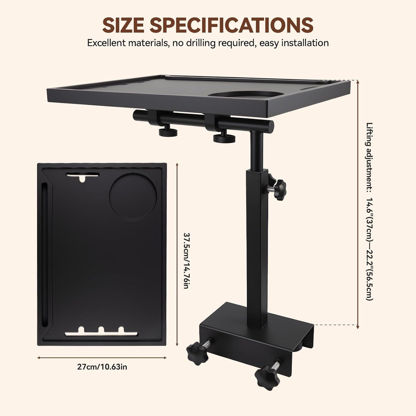 Bedside Shelf Rotating Foldable Tray:Height-Adjustable Clip On Bed Side Tray Table, Tray Table with Sturdy Metal Pole,Fits Bed Frames 0.7"-2.7" Wide for Dorms, Apartments, Bedrooms,Dorm Essentials