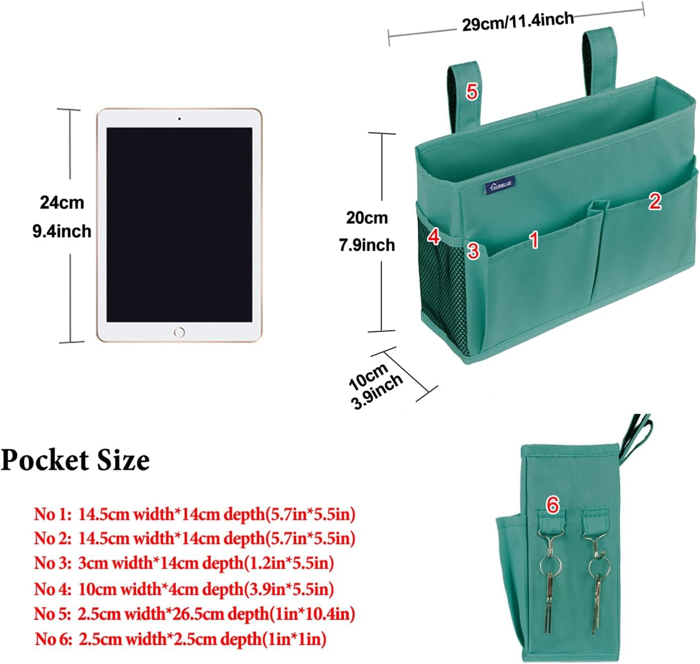 Surblue Bedside Caddy Hanging Organizer Storage Bag Pocket for Bunk, Hospital, College Dorm Rooms, Baby Bed Rails, Camp - 4 Pockets, 2 Hooks (Blue)