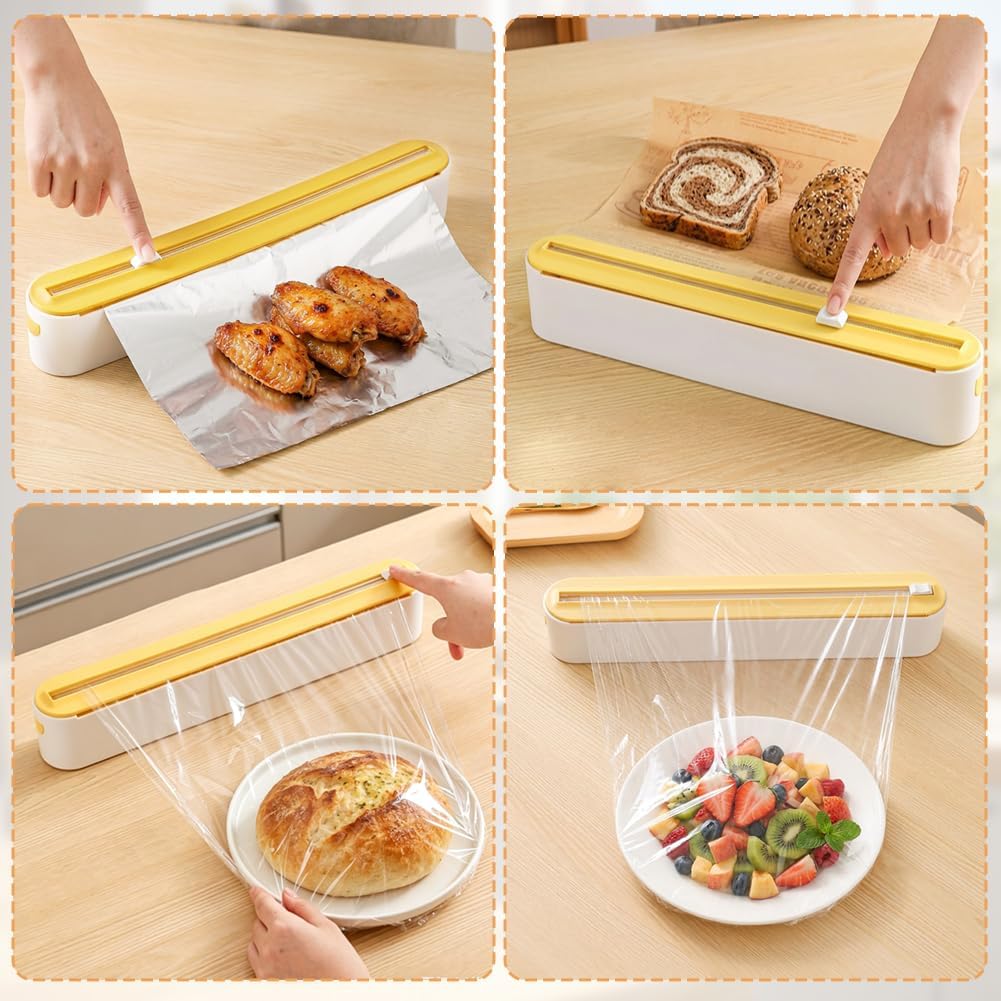 Magnetic Plastic Wrap Dispenser with Cutter Fits 12" Rolls | Reusable Foil Wrap Organizer for Drawer Countertops, Cling Wrap with Slide Cutter For Aluminum Foil, Tin Foil, Baking Paper