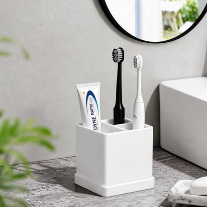 Silicone Toothbrush Holders for Bathrooms with Drainage Tray, White Marble | 3 Slots Unbreakable Countertop Electric Tooth Brush and Toothpaste Holder Organizer Stand, Marble Bathroom Accessories Decor