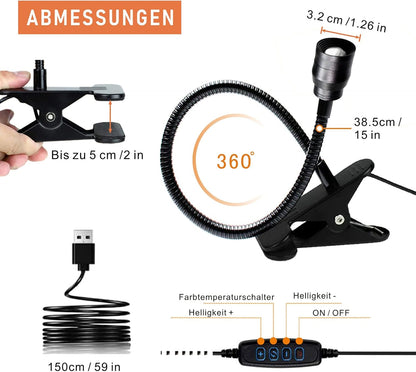 YMCRLUX Zoomable LED Reading Lights for Bed Headboard, Clip on Spotlight Lamp for Desk, Dorm Bed, Dimmable USB Clamp Book Light with Flexible Gooseneck, Adjustable Beam Angle 15°-80°