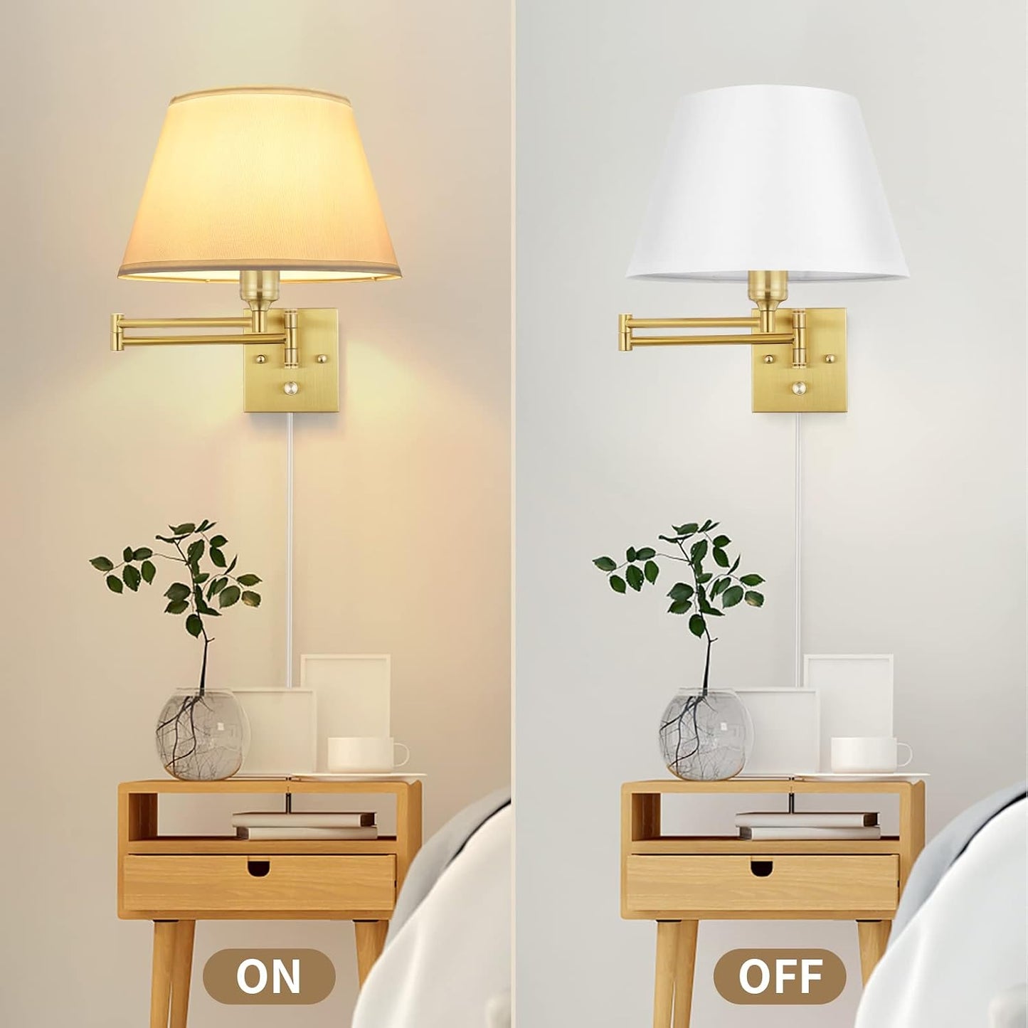 TRLIFE Wall Sconce Plug in, Dimmable Wall Sconces Set of Two Swing Arm Wall Lights with Plug in Cord and On/Off Dimmer Rotary Switch, 9.4" Medium Beige Fabric Shade(2 Pack, 2 Bulbs)
