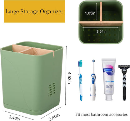 Electric Toothbrush Holder Tooth Brush and Toothpaste Organizer, Black | 3 Slots, Drainage Holes, Removable Bamboo Divider, Ventilation Design, Space-Saving, for Bathroom Countertop, Shower, Vanity