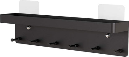 MKO Key Holder Wall Mount, Key Holder Wall Mount Adhesive with Mail Organizer Tray with 6 Key Hooks for Wall, Black | Metal Material, Key Rack with Shelf, Mail Organizer Tray for Entryway, Hallway, Living Room