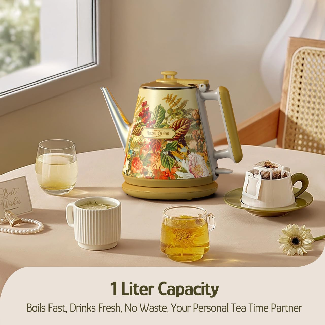 Hazel Quinn Electric Kettle, 1L/34oz Small Tea Kettle - Pearl White | 800W Fast Boil, 304 Stainless Steel Interior, Double-Wall Cool Touch, Gooseneck Spout, Auto Shut-Off, BPA-Free Cordless Home