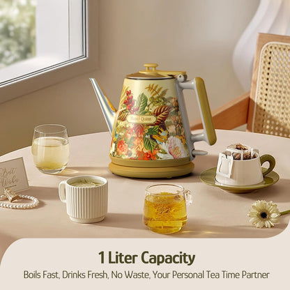 Hazel Quinn Electric Kettle, 1L/34oz Small Tea Kettle - Pearl White | 800W Fast Boil, 304 Stainless Steel Interior, Double-Wall Cool Touch, Gooseneck Spout, Auto Shut-Off, BPA-Free Cordless Home