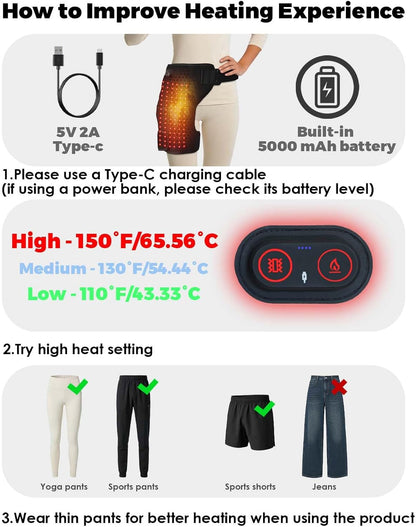 Red Light Hip Heating Pad for Sciatica & Hip Pain Relief, 5000mAh Built-in Battery Hip Brace with Vibration & 3 Heat Levels, Wearable Support for Lower Back, Thigh & Buttock