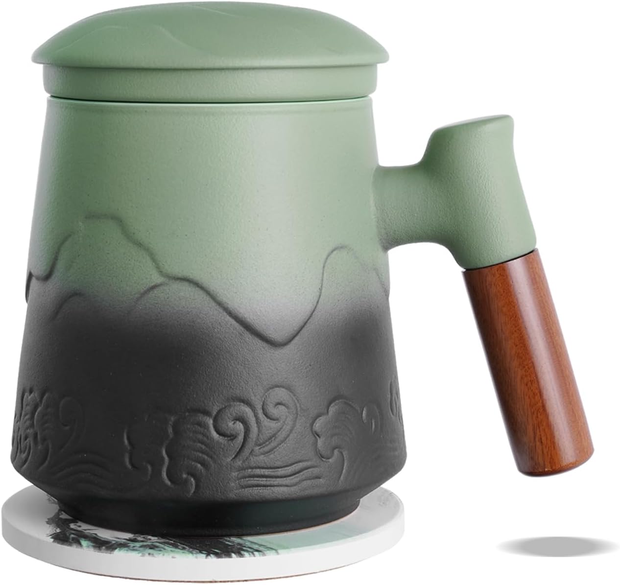 ZENS Tea Cup with Infuser and Lid & Coaster for Tea Steeper, 15oz Blue | Embossed Ceramic Tea Infuser Mug for Loose Leaf Tea Difussers, Tea Lovers Gifts, Nature Wood Handle
